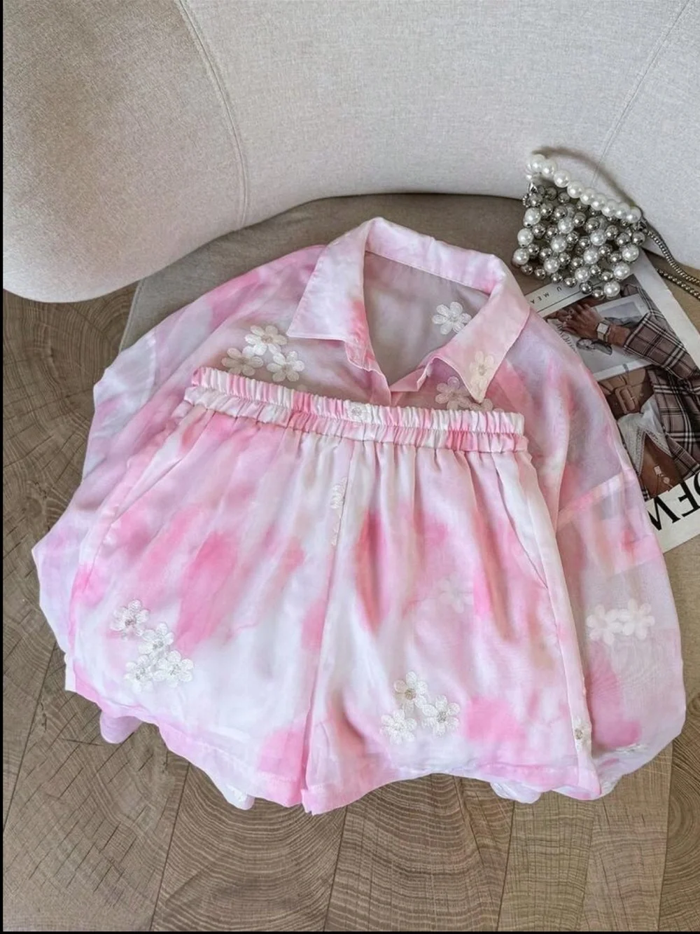 Pink Floral Sheer Button-Up Top & Shorts Set